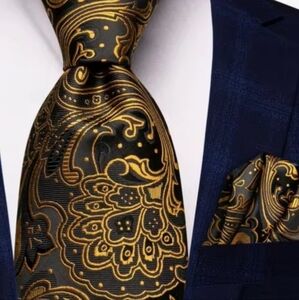 HI-TIE Seide Silk Black,Gold,Grey Necktie&hanky wedding set